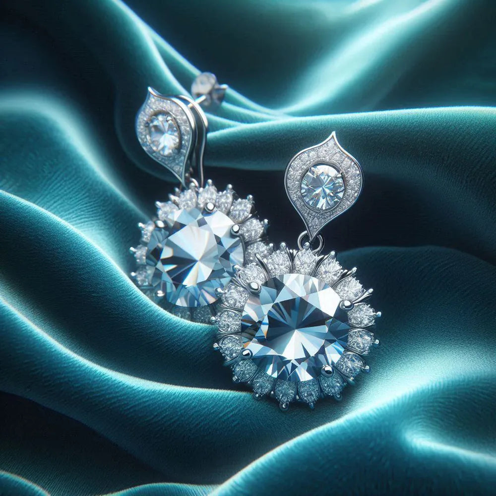 Diamond earrings on teal silk