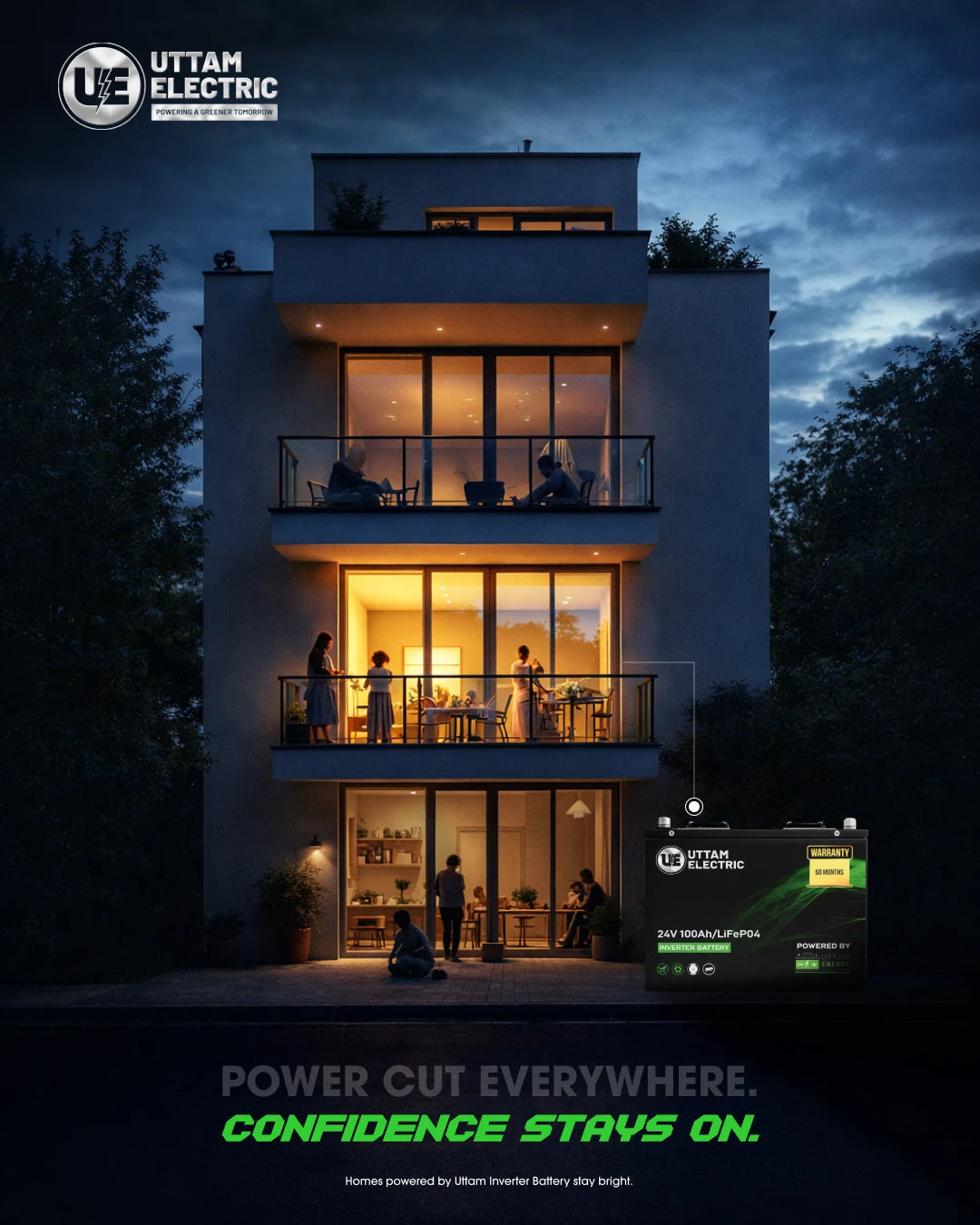 Uttam Electric social post: a lit home at dusk with the line Power out everywhere, confidence stays on