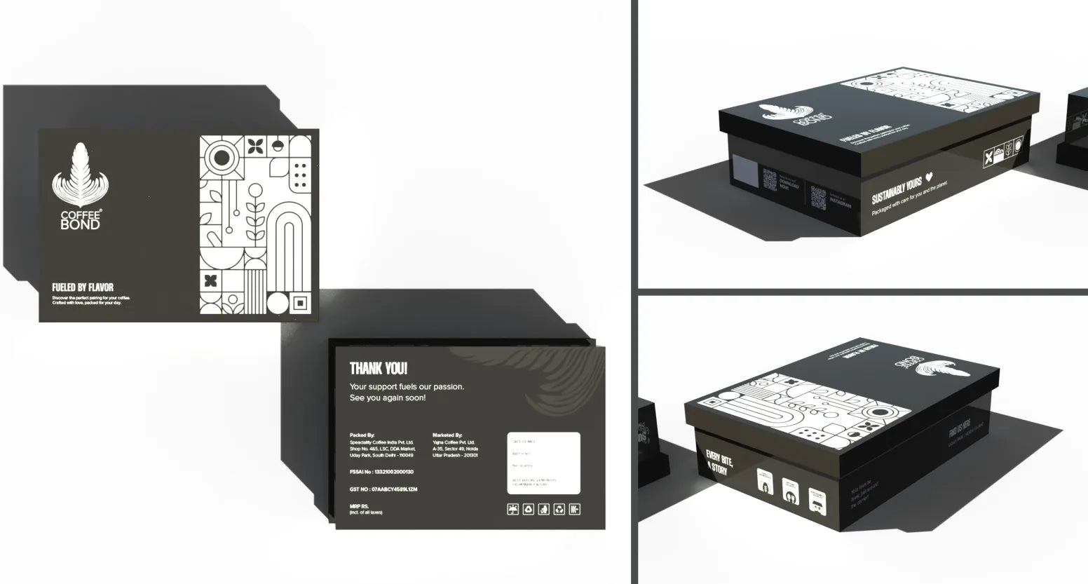 Charcoal Coffee Bond takeaway box shown flat and assembled, with a line-icon pattern, QR codes and a thank-you panel