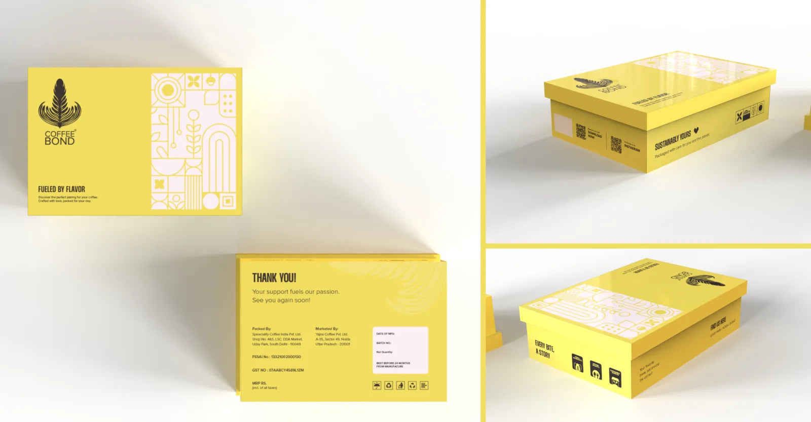 Yellow Coffee Bond takeaway box shown flat and assembled, with the same line-icon pattern and thank-you panel