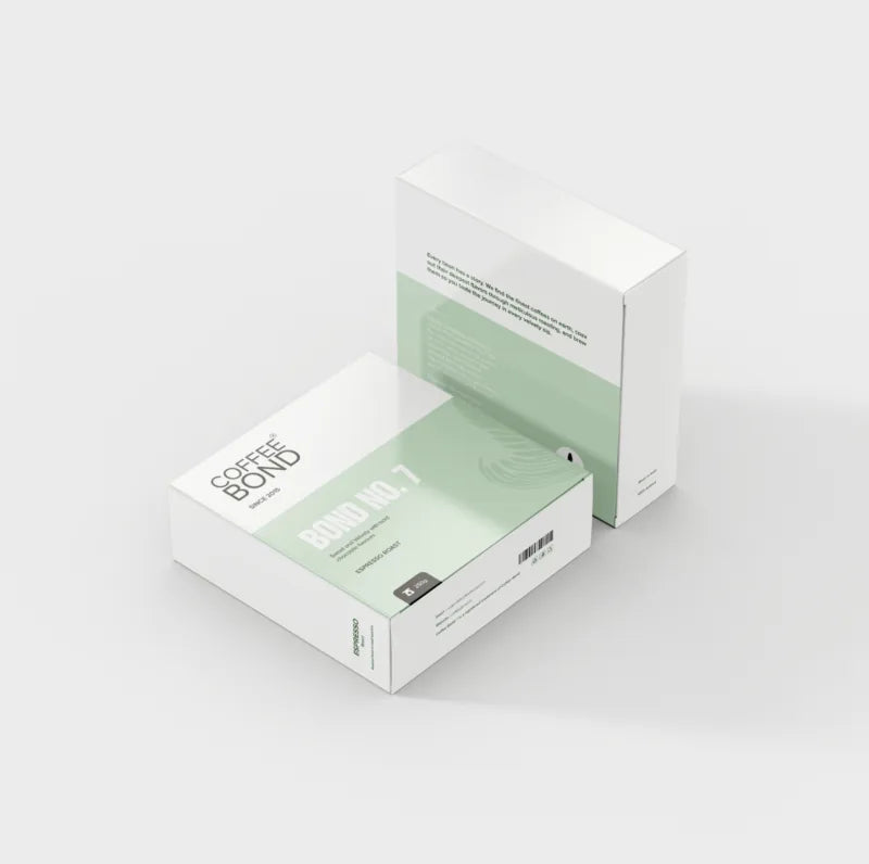 Brew box artwork labelled Bond No. 7, in pale mint green