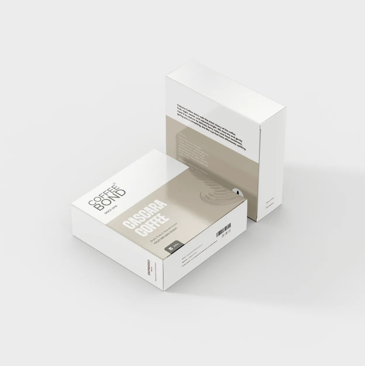 Brew box artwork labelled Cascara Coffee, in warm beige