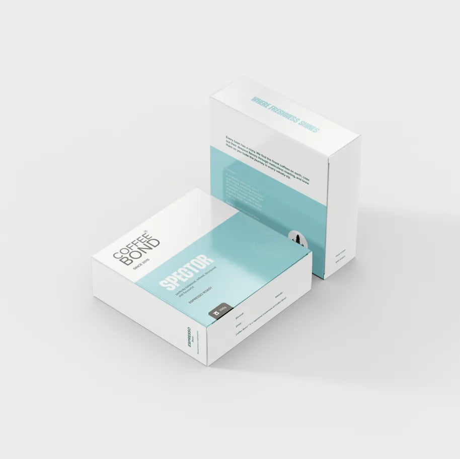 Brew box artwork labelled Spector, in pale sky blue