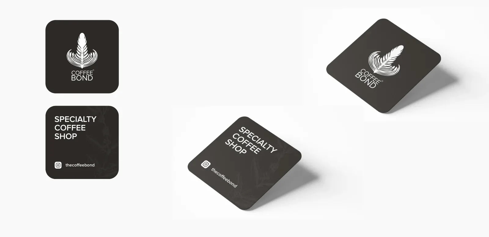 Dark square and round Coffee Bond coasters printed with the leaf logo and the words Specialty Coffee Shop