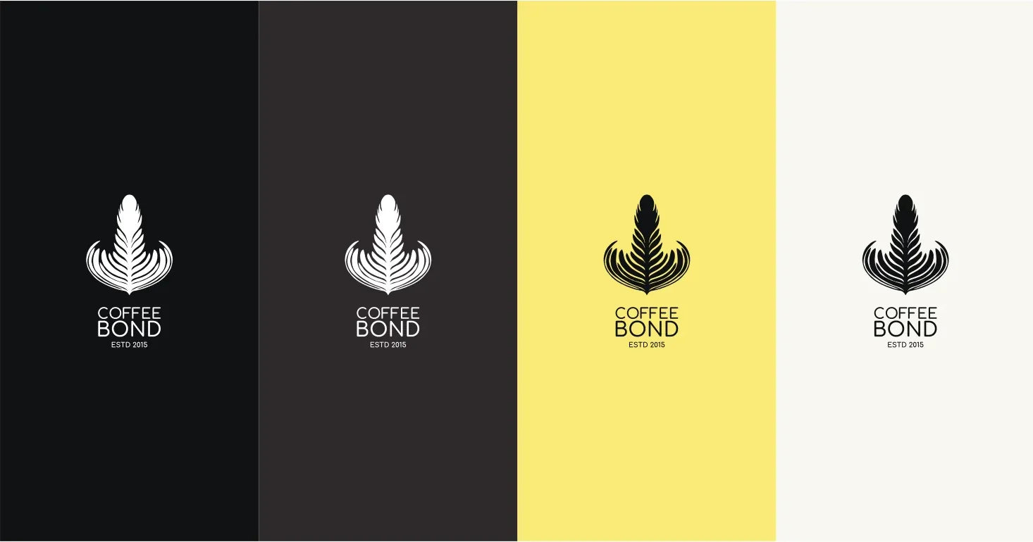 The Coffee Bond leaf logo on four backgrounds: black, charcoal, yellow and warm white