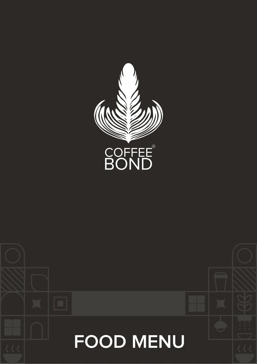 Cover of the Coffee Bond in-store food menu: charcoal with the leaf logo and the words Food Menu