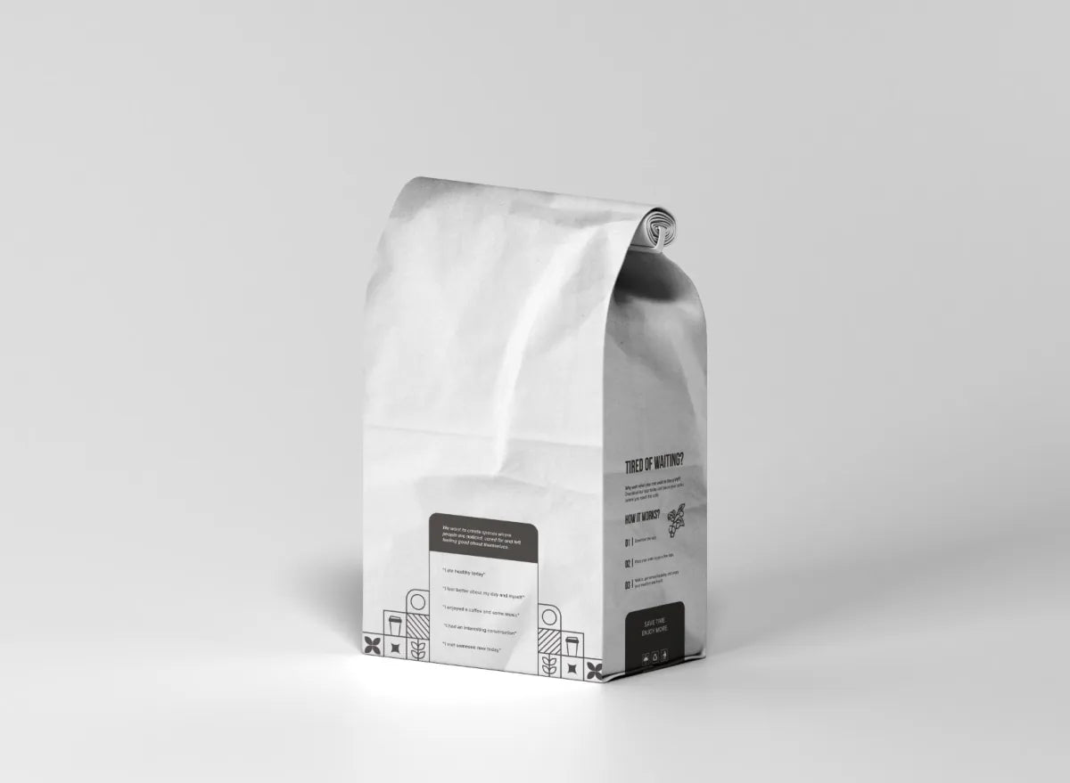 White paper bag mockup with a line-icon border, a short message panel and a Tired of Waiting panel with numbered steps