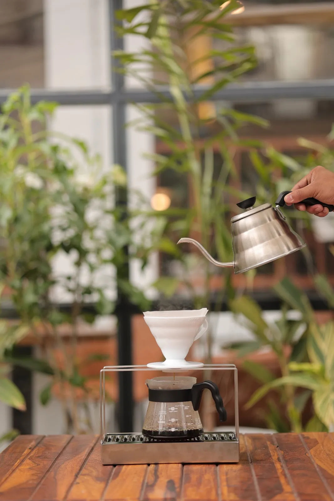 A hand pours hot water from a gooseneck kettle over a pour-over coffee setup on a wooden table, among plants