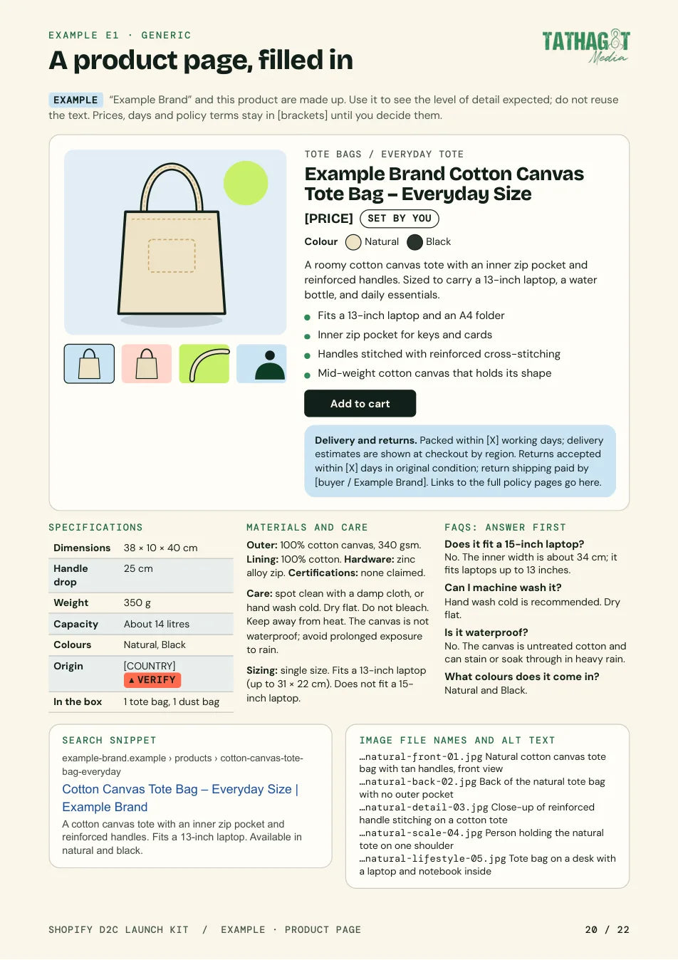 Example E1: a filled-in product page for a fictional canvas tote bag.