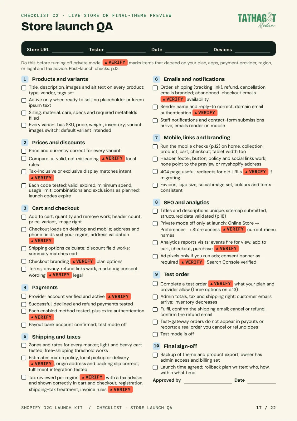 Page 17 of the kit: the store launch QA checklist with tick boxes.