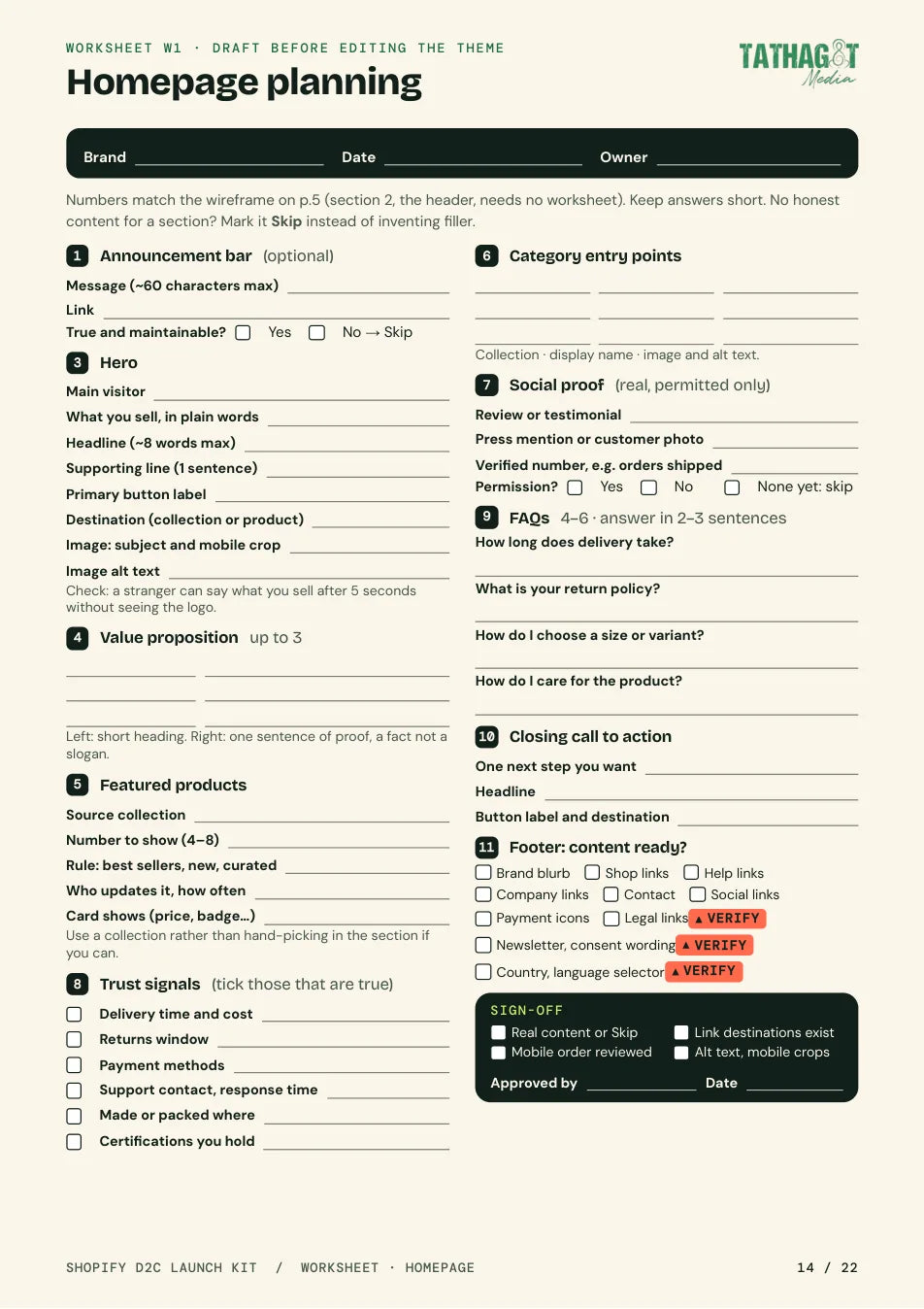 Page 14 of the kit: the homepage planning worksheet with fillable fields.