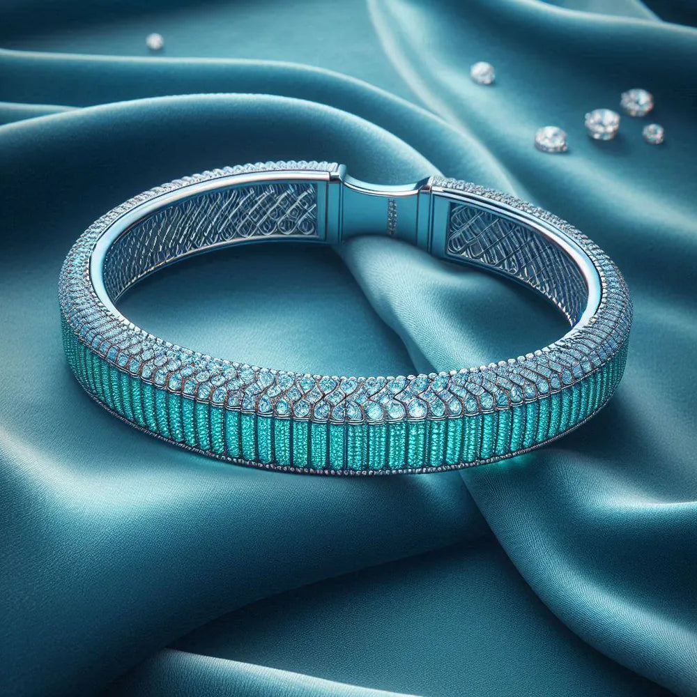 A turquoise and diamond bracelet on teal silk