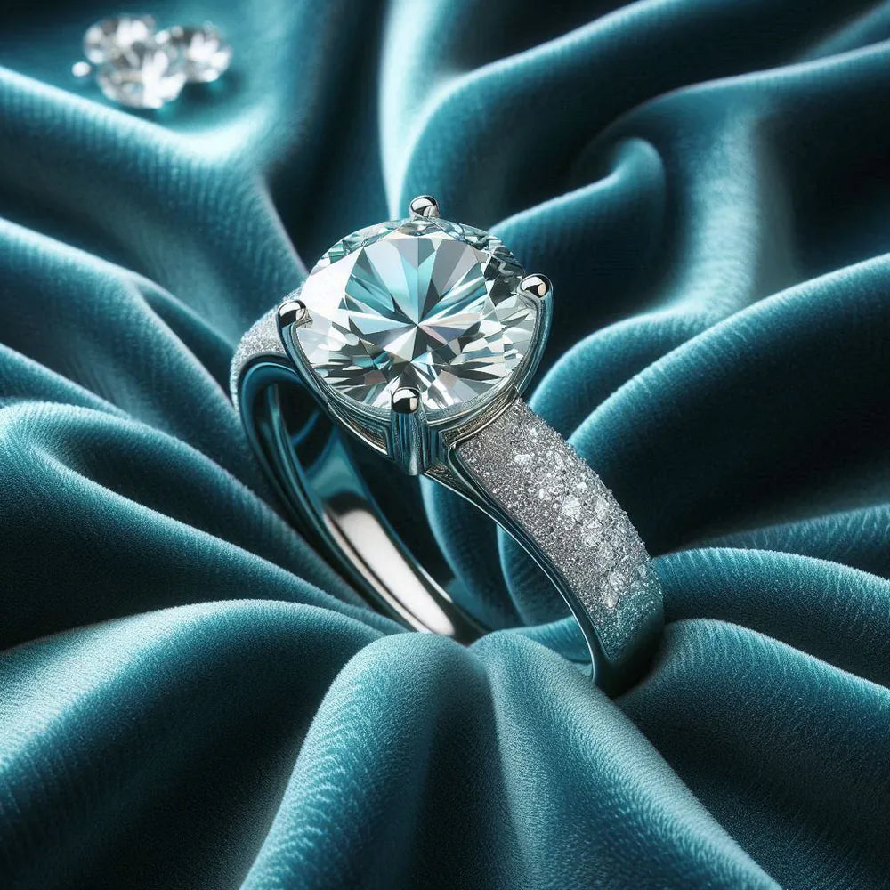 A diamond ring on teal silk
