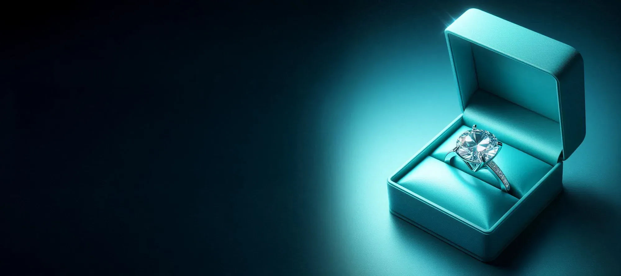 A diamond ring resting in an open turquoise jewellery box