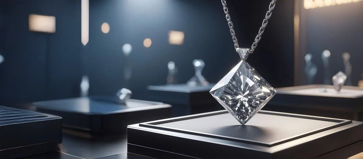 A diamond pendant on display in a jewellery showroom