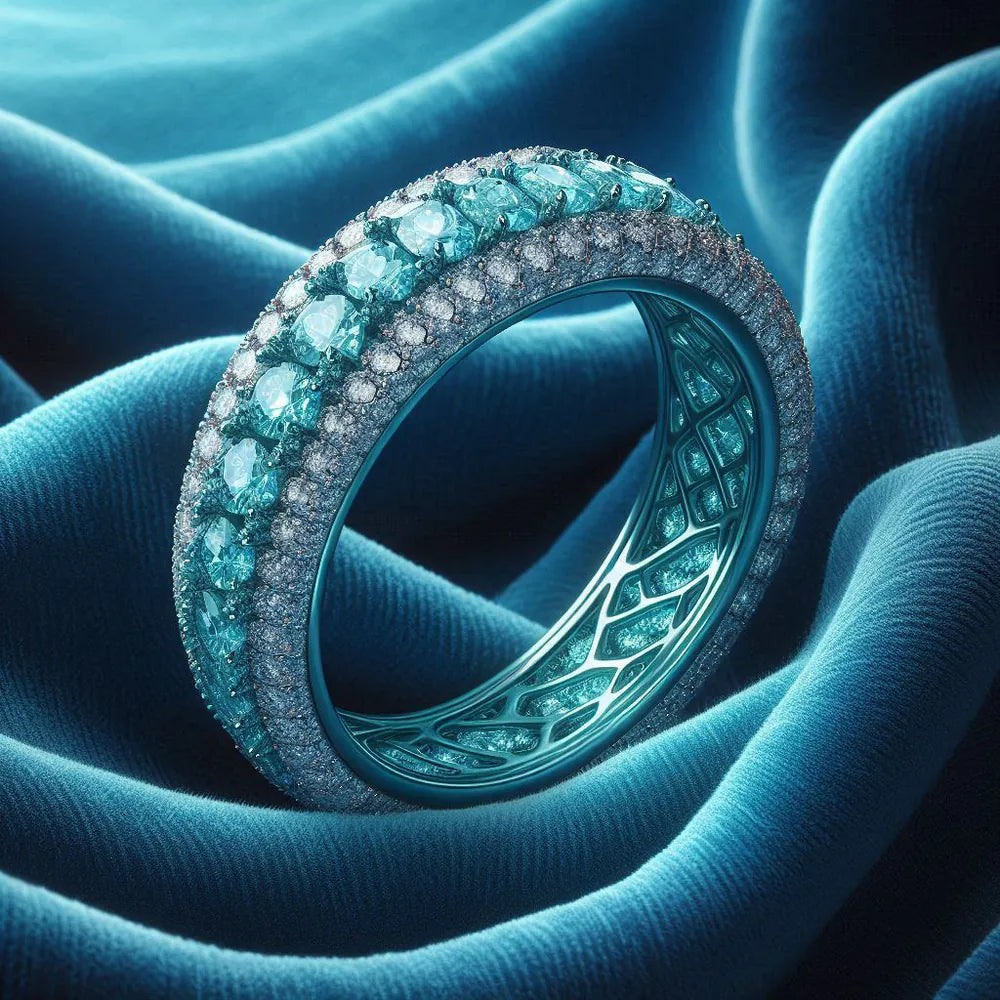A turquoise diamond ring on teal silk