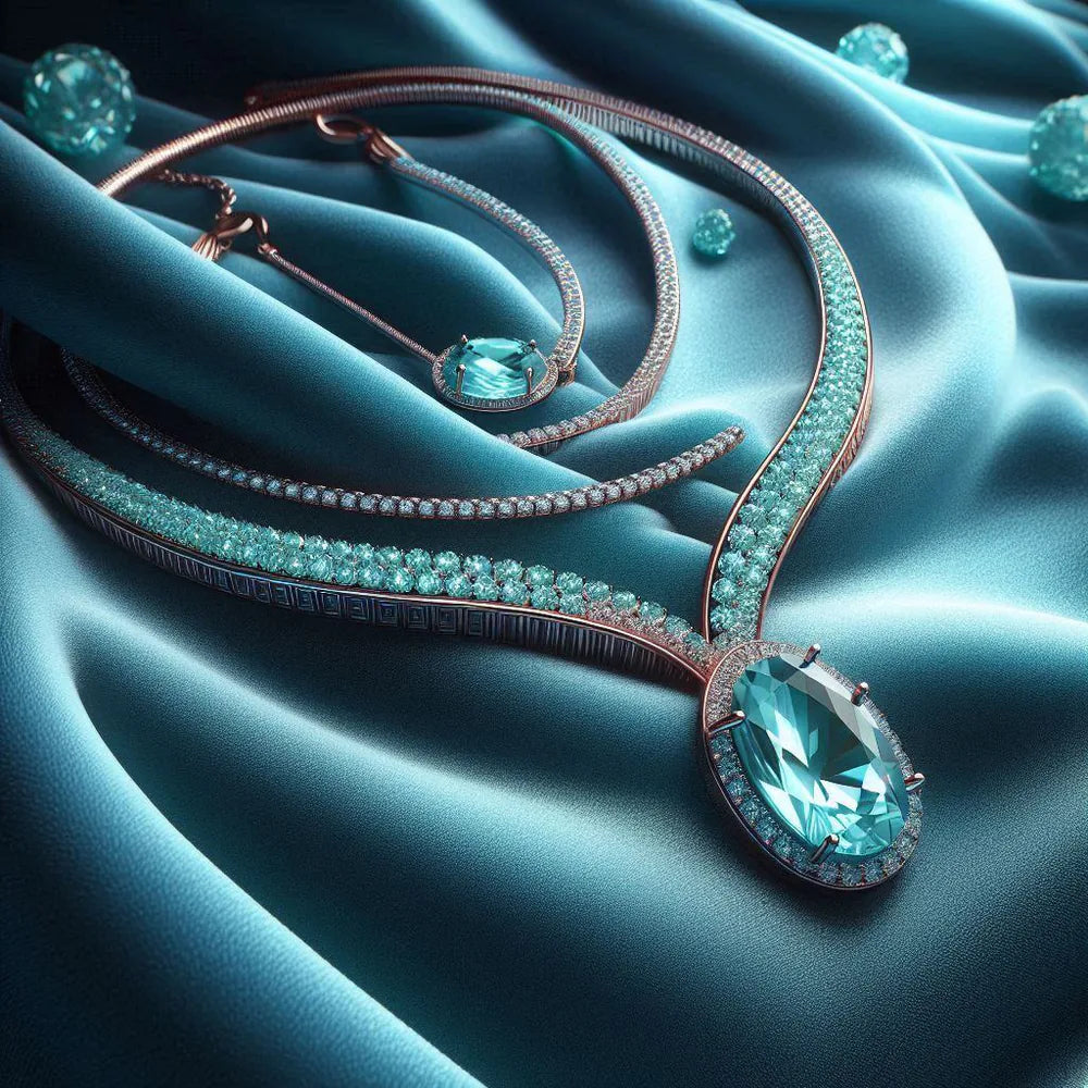 A turquoise and diamond necklace on teal silk