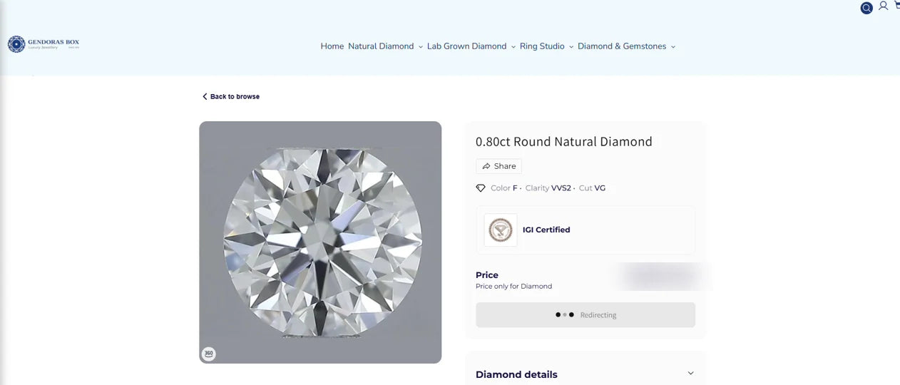 A diamond detail page showing the stone, its grading attributes and an add to cart button