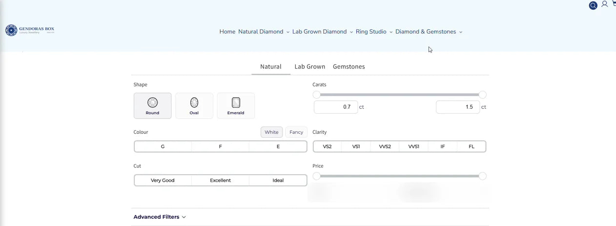 Diamond search on the Gendoras Box storefront with shape, carat, colour, clarity and cut filters