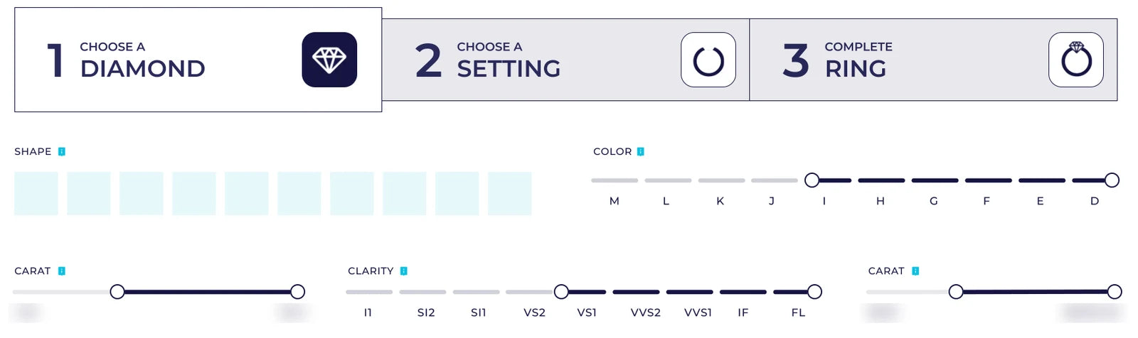The Ring Builder: three stages (choose a diamond, choose a setting, complete the ring) above the diamond filters
