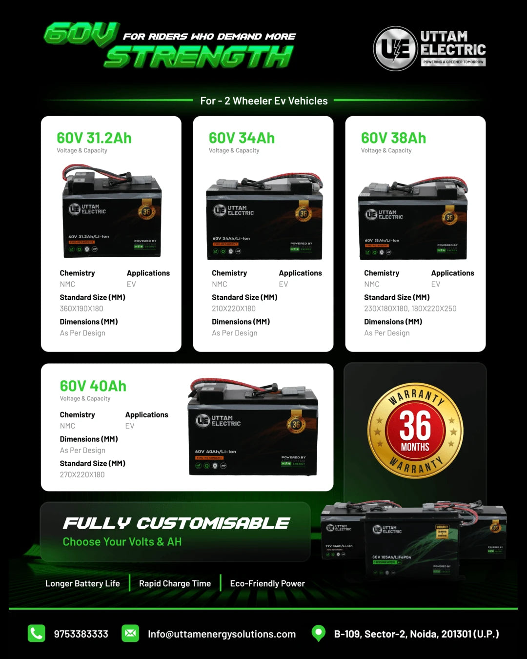 Uttam Electric 60V battery range flyer designed by Tathagat Media