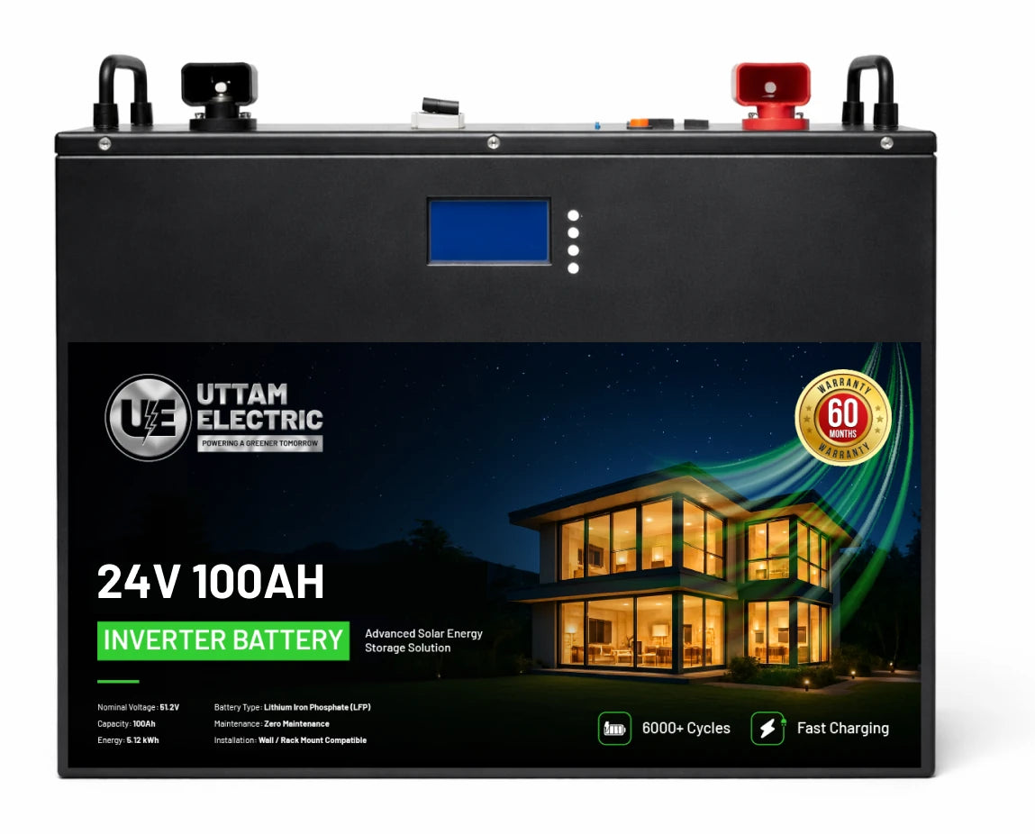 Uttam Electric 24V 100Ah inverter battery with the Uttam Electric product sticker design applied