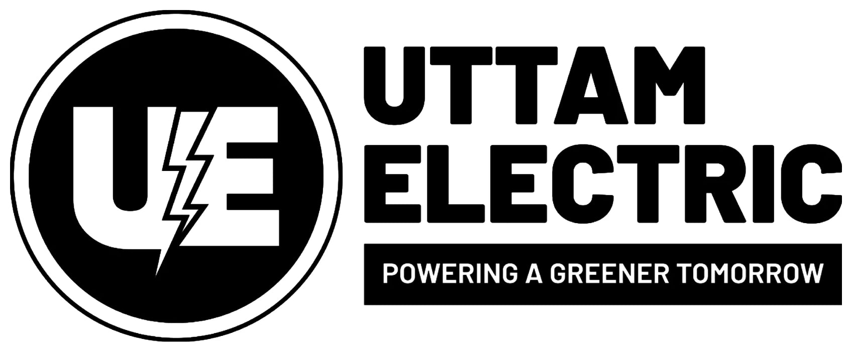 Uttam Electric primary logo in black: UE monogram with lightning bolt, wordmark and tagline